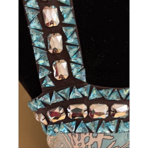 TORY BURCH Print sea coral turquoise blue beaded neckline silk knit midi sz M - Picture 9 of 9